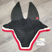 Crochet Ear Bonnet Fly Veil, Sound Proof Ears, x2 bling, Grey Drawstring Bag *gc, dirty, hairy, faded, unstitched back edge
