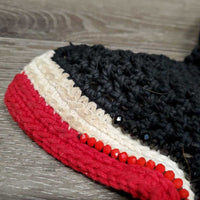 Crochet Ear Bonnet Fly Veil, Sound Proof Ears, x2 bling, Grey Drawstring Bag *gc, dirty, hairy, faded, unstitched back edge
