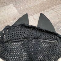 Crochet Ear Bonnet Fly Veil, Sound Proof Ears, x2 bling, Grey Drawstring Bag *gc, dirty, hairy, faded, unstitched back edge
