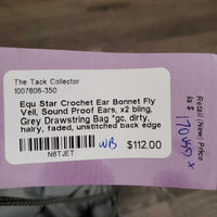 Crochet Ear Bonnet Fly Veil, Sound Proof Ears, x2 bling, Grey Drawstring Bag *gc, dirty, hairy, faded, unstitched back edge
