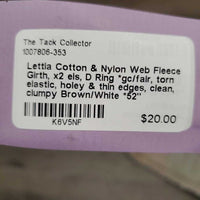 Cotton & Nylon Web Fleece Girth, x2 els, D Ring *gc/fair, torn elastic, holey & thin edges, clean, clumpy