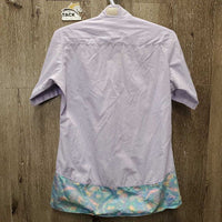 SS Show Shirt, attached Velcro Collar *gc/fair, older, seam puckers, v.hairy, linty & pilly, frayed tag
