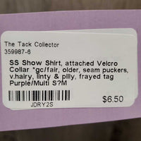 SS Show Shirt, attached Velcro Collar *gc/fair, older, seam puckers, v.hairy, linty & pilly, frayed tag
