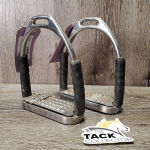 Flexi Stirrup Irons, cheese grater grips *gc/fair, v.dirt, taped, loose grips