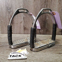 Flexi Stirrup Irons, cheese grater grips *gc/fair, v.dirt, taped, loose grips
