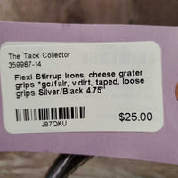 Flexi Stirrup Irons, cheese grater grips *gc/fair, v.dirt, taped, loose grips