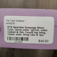 Dressage Show Coat, velvet collar *gc/fair, collar: rubbed & thin, frayed top lining, faded, older, lining rubs & rips *ADJUSTED