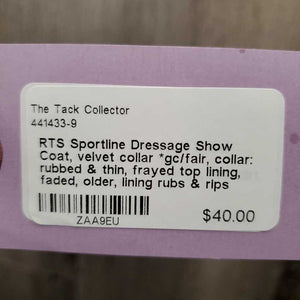 Dressage Show Coat, velvet collar *gc/fair, collar: rubbed & thin, frayed top lining, faded, older, lining rubs & rips *ADJUSTED
