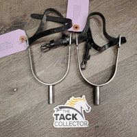 Wide Flat Dressage Spurs, Narrow Thin Leather Spur Straps *vgc, clean, older, mnr dirt, scuffs, scratches, dull
