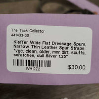 Wide Flat Dressage Spurs, Narrow Thin Leather Spur Straps *vgc, clean, older, mnr dirt, scuffs, scratches, dull
