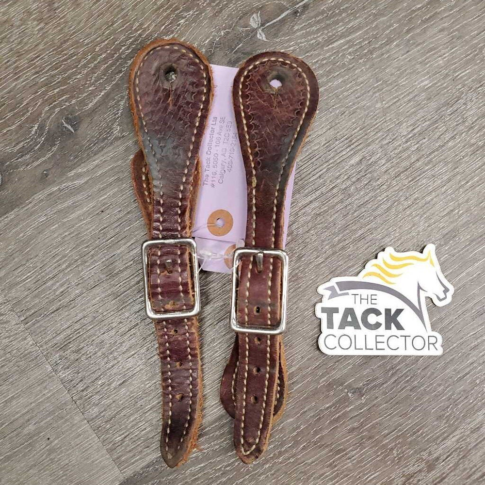 Double Stitched Stamped Leather Western Spur Straps *gc, scrapes, stains, mnr torn holes, rough back