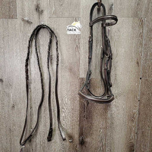 Rsd Bridle, Narrow Braided Reins *gc, clean, deep creases, v.stiff, dry, twist, residue, CRACKS