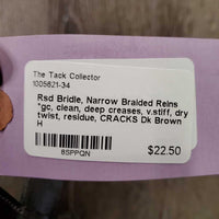 Rsd Bridle, Narrow Braided Reins *gc, clean, deep creases, v.stiff, dry, twist, residue, CRACKS