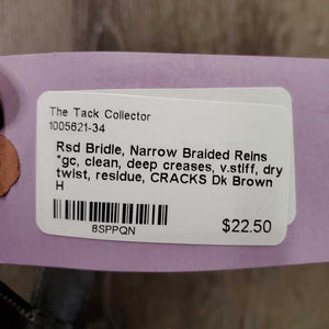 Rsd Bridle, Narrow Braided Reins *gc, clean, deep creases, v.stiff, dry, twist, residue, CRACKS