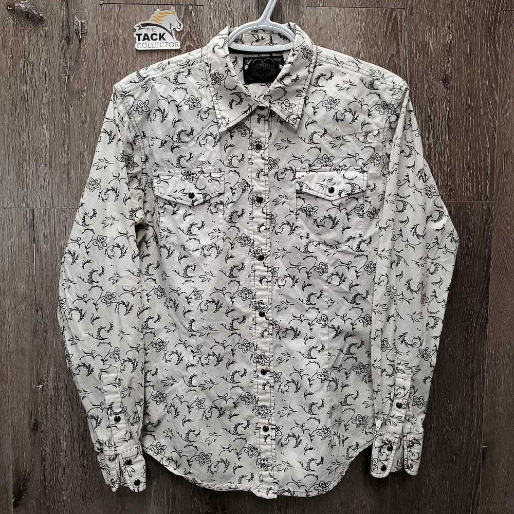 LS Western Shirt, snaps, bling *gc, seam puckers, inner stains, curled edges