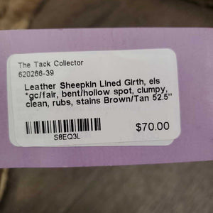 Leather Sheepkin Lined Girth, els *gc/fair, bent/hollow spot, clumpy, clean, rubs, stains