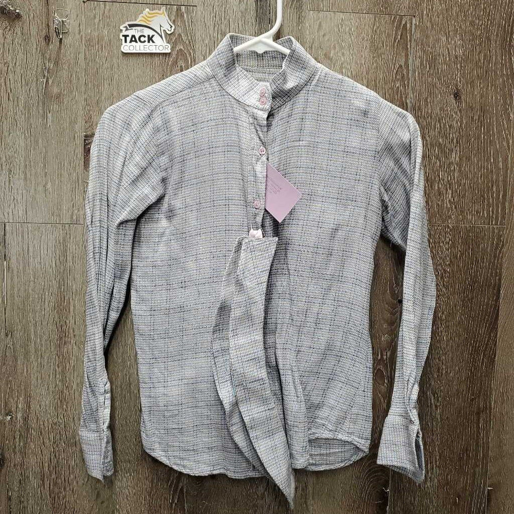 JUNIORS Hvy LS Show Shirt, 2x Velcro Collars *gc, older, mnr faded, seam puckers, v.rubbed & pilly, crinkled
