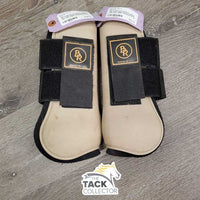 Pr Open Front Boots, velcro *gc, dirty, hairy, stains, scrapes, rubs, pilly edges
