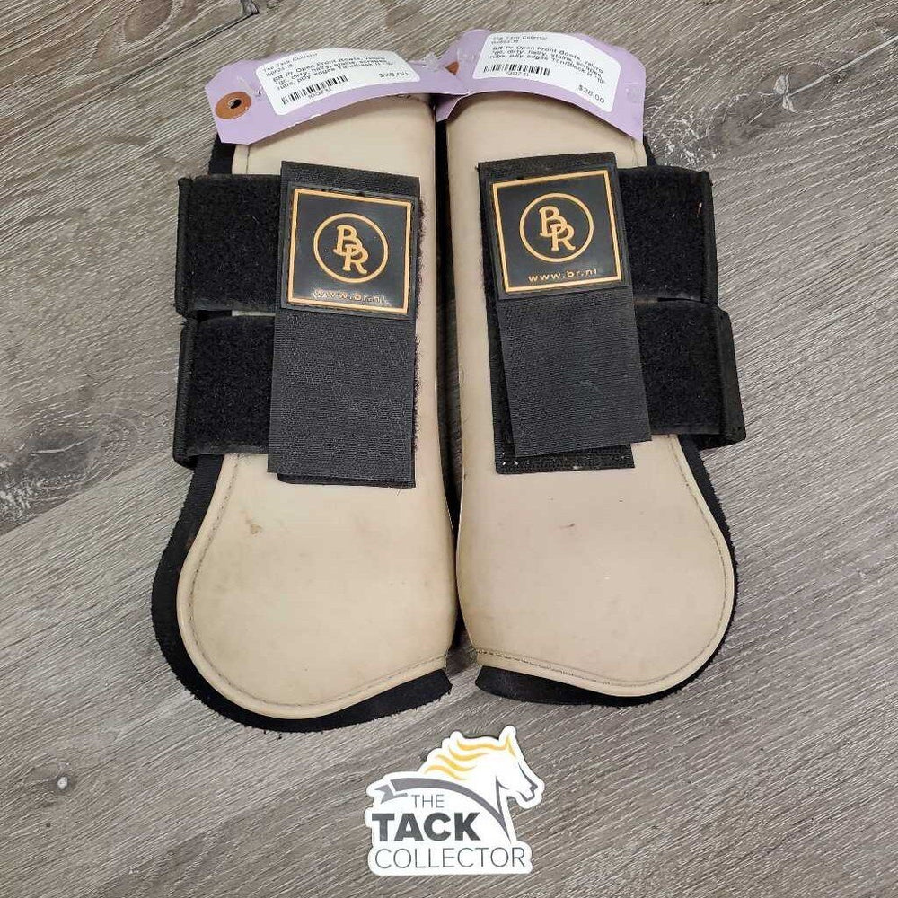 Pr Open Front Boots, velcro *gc, dirty, hairy, stains, scrapes, rubs, pilly edges
