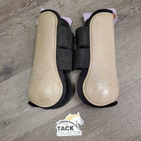 Pr Open Front Boots, velcro *gc, dirty, hairy, stains, scrapes, rubs, pilly edges
