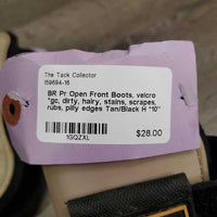Pr Open Front Boots, velcro *gc, dirty, hairy, stains, scrapes, rubs, pilly edges