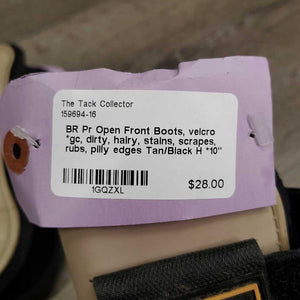 Pr Open Front Boots, velcro *gc, dirty, hairy, stains, scrapes, rubs, pilly edges
