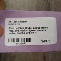 Flat Leather Bridle, Laced Reins *gc, dirt, stains, loose keepers, older, cracks
