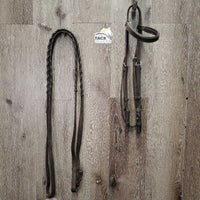 Padded Leather Bridle, v.Thick Braided Reins *NO Noseband, gc, rubs, residue, v.stiff hooks, loose keepers, edge scrapes, dents
