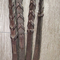 Padded Leather Bridle, v.Thick Braided Reins *NO Noseband, gc, rubs, residue, v.stiff hooks, loose keepers, edge scrapes, dents
