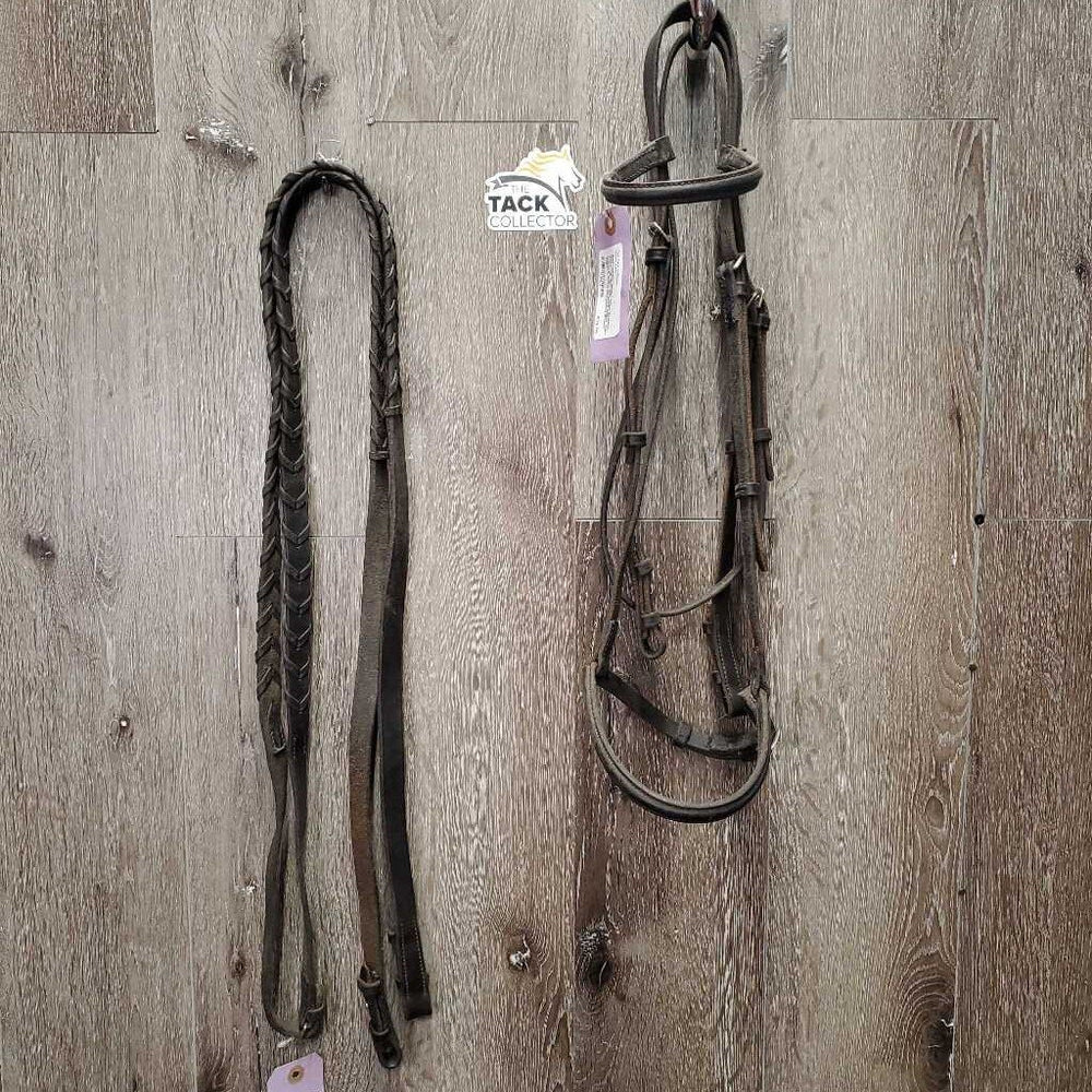 Rsd Leather Bridle, Thick Braided Reins *gc, dirt, scraped edges, tight keepers, loose browband