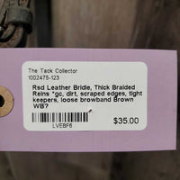 Rsd Leather Bridle, Thick Braided Reins *gc, dirt, scraped edges, tight keepers, loose browband

