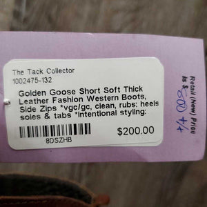 Short Soft Thick Leather Fashion Western Boots, Side Zips *vgc/gc, clean, rubs: heels, soles & tabs *intentional styling: scuffs & stains