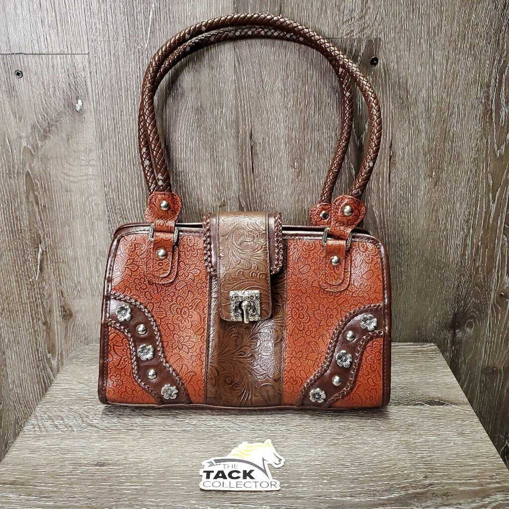 Leather Western Hand Bag - Purse, Braided Handles, Zipper Top *vgc, peeled v.handles, rubs & faded spots