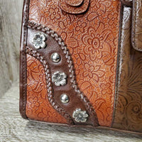 Leather Western Hand Bag - Purse, Braided Handles, Zipper Top *vgc, peeled v.handles, rubs & faded spots
