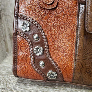 Leather Western Hand Bag - Purse, Braided Handles, Zipper Top *vgc, peeled v.handles, rubs & faded spots