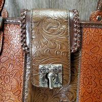 Leather Western Hand Bag - Purse, Braided Handles, Zipper Top *vgc, peeled v.handles, rubs & faded spots
