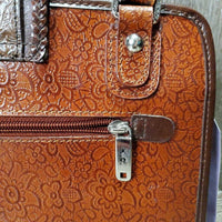 Leather Western Hand Bag - Purse, Braided Handles, Zipper Top *vgc, peeled v.handles, rubs & faded spots