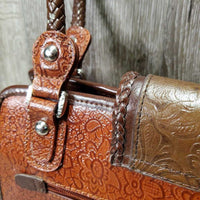Leather Western Hand Bag - Purse, Braided Handles, Zipper Top *vgc, peeled v.handles, rubs & faded spots