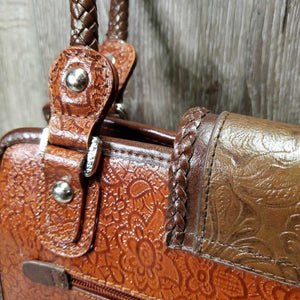 Leather Western Hand Bag - Purse, Braided Handles, Zipper Top *vgc, peeled v.handles, rubs & faded spots
