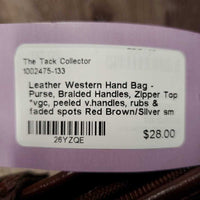 Leather Western Hand Bag - Purse, Braided Handles, Zipper Top *vgc, peeled v.handles, rubs & faded spots
