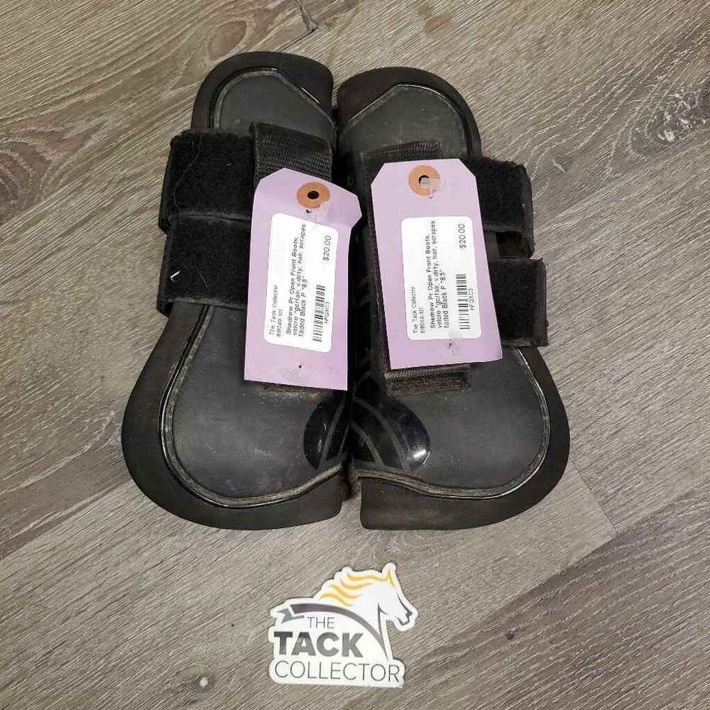 Pr Open Front Boots, velcro *gc/fair, v.dirty, hair, scrapes, faded