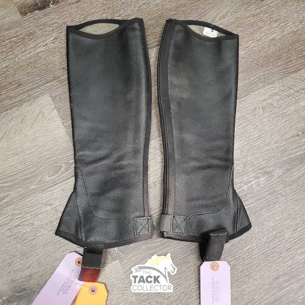 Leather Half Chaps, Back Zips, bag * gc, dirt, mnr hair, rubs, inside stains & clumpy, mnr stretched elastics