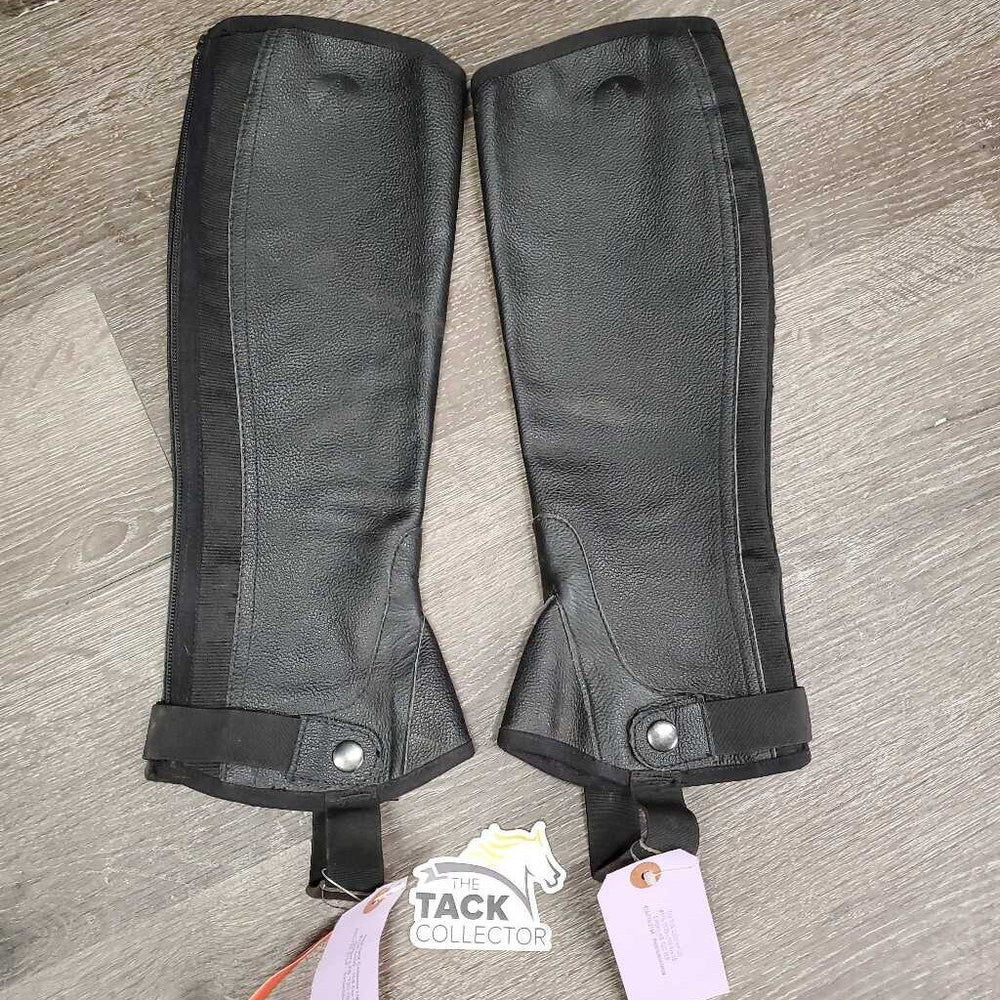 Leather Half Chaps, Back Zips, bag * gc, dirt, mnr hair, rubs, inside stains & clumpy, mnr stretched elastics