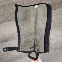 Leather Half Chaps, Back Zips, bag * gc, dirt, mnr hair, rubs, inside stains & clumpy, mnr stretched elastics
