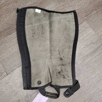 Leather Half Chaps, Back Zips, bag * gc, dirt, mnr hair, rubs, inside stains & clumpy, mnr stretched elastics