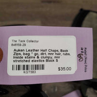 Leather Half Chaps, Back Zips, bag * gc, dirt, mnr hair, rubs, inside stains & clumpy, mnr stretched elastics
