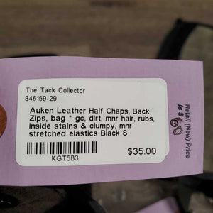 Leather Half Chaps, Back Zips, bag * gc, dirt, mnr hair, rubs, inside stains & clumpy, mnr stretched elastics