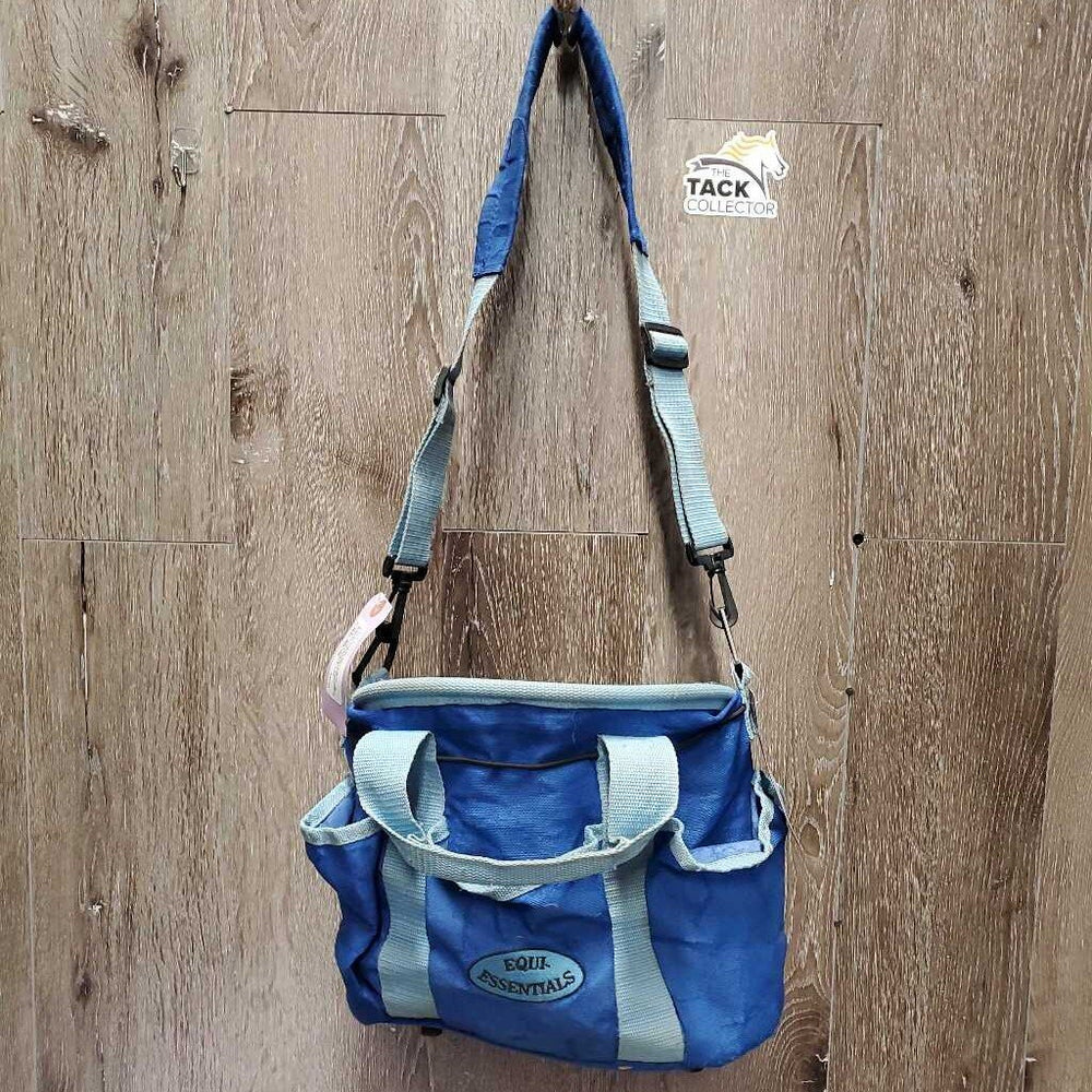 Round Grooming Bag, drawstring top, outer pockets, shoulder strap *gc/fair, clean, stains, v.hairy seams, rubs, v.cracked