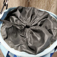 Round Grooming Bag, drawstring top, outer pockets, shoulder strap *gc/fair, clean, stains, v.hairy seams, rubs, v.cracked
