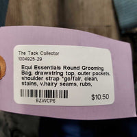 Round Grooming Bag, drawstring top, outer pockets, shoulder strap *gc/fair, clean, stains, v.hairy seams, rubs, v.cracked

